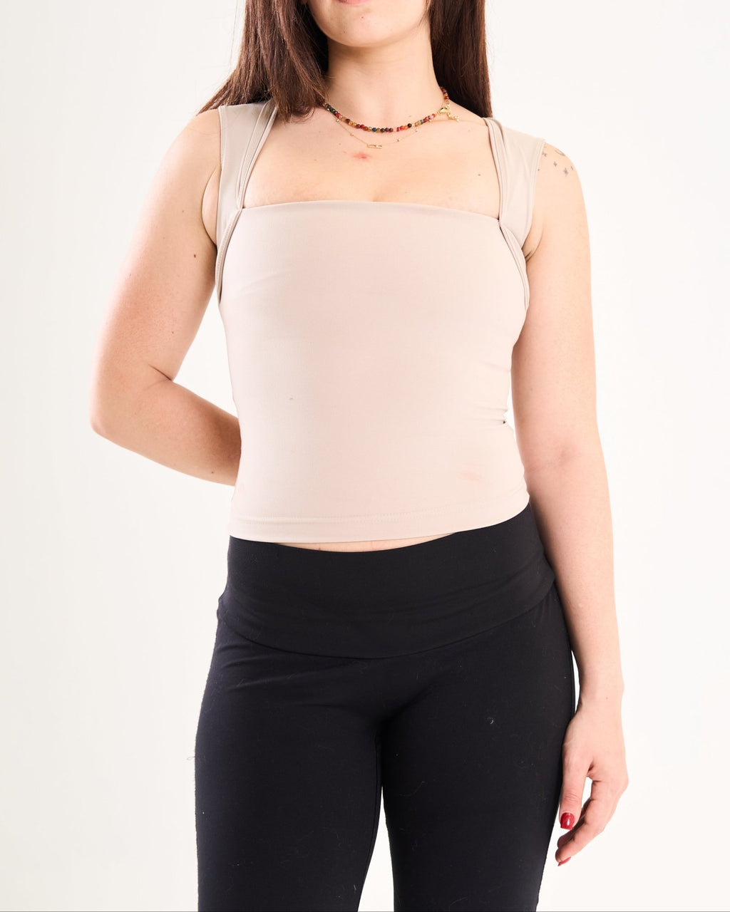 Square Neck Top In Beige - Motion Muse