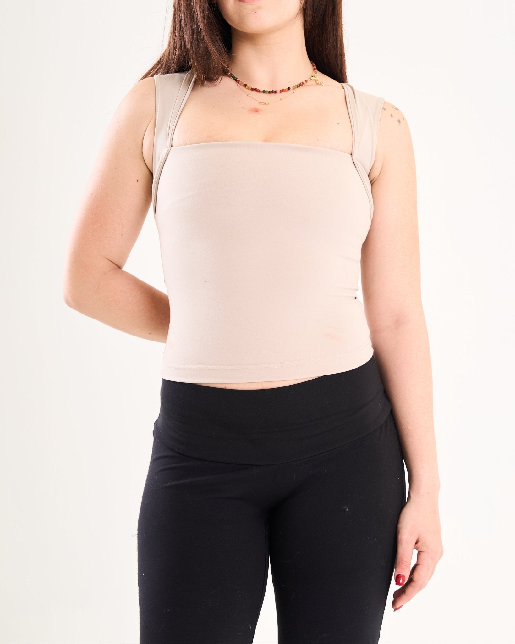 Square Neck Top In Beige - Motion Muse