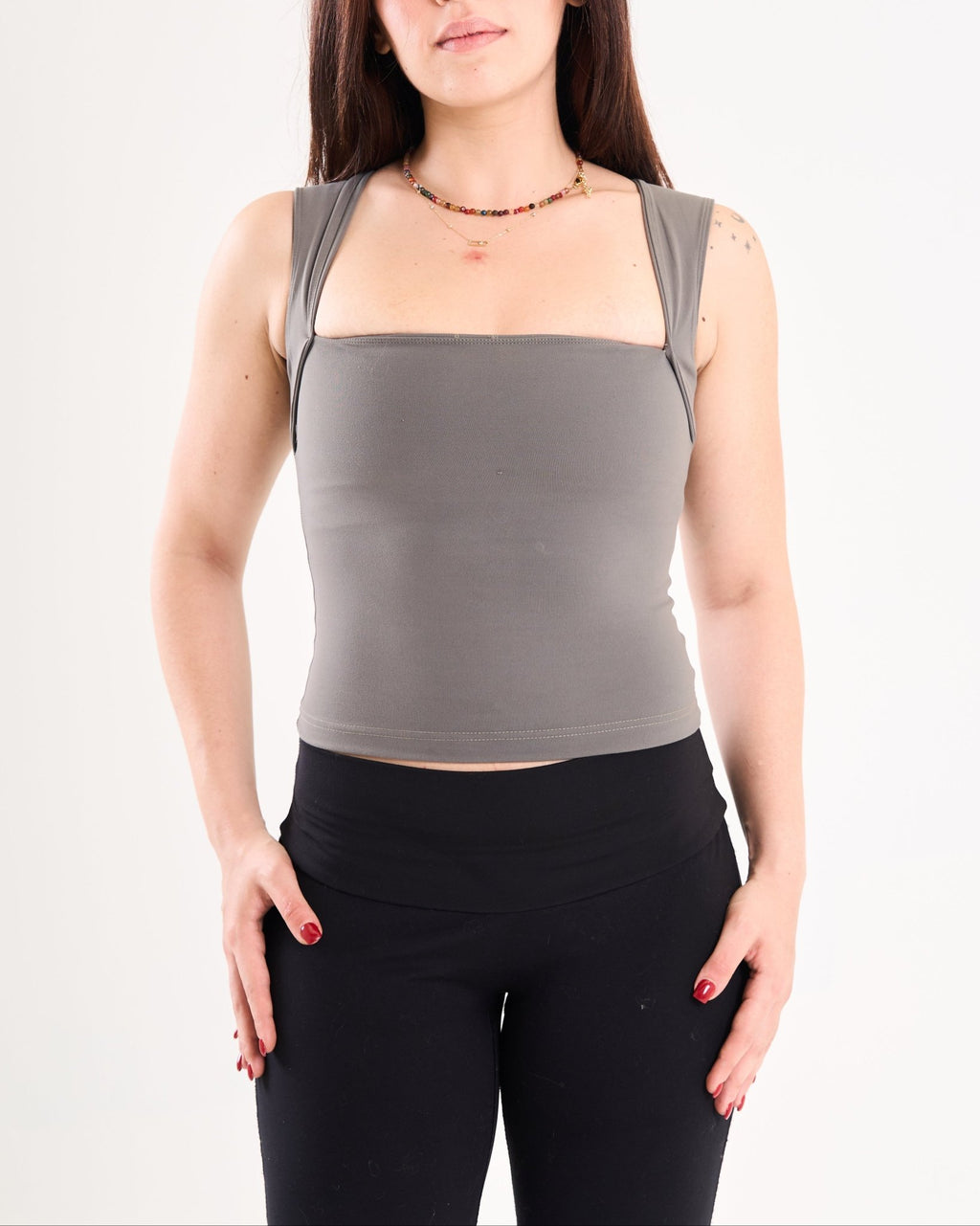Square Neck Top In Muted Olive - Motion Muse