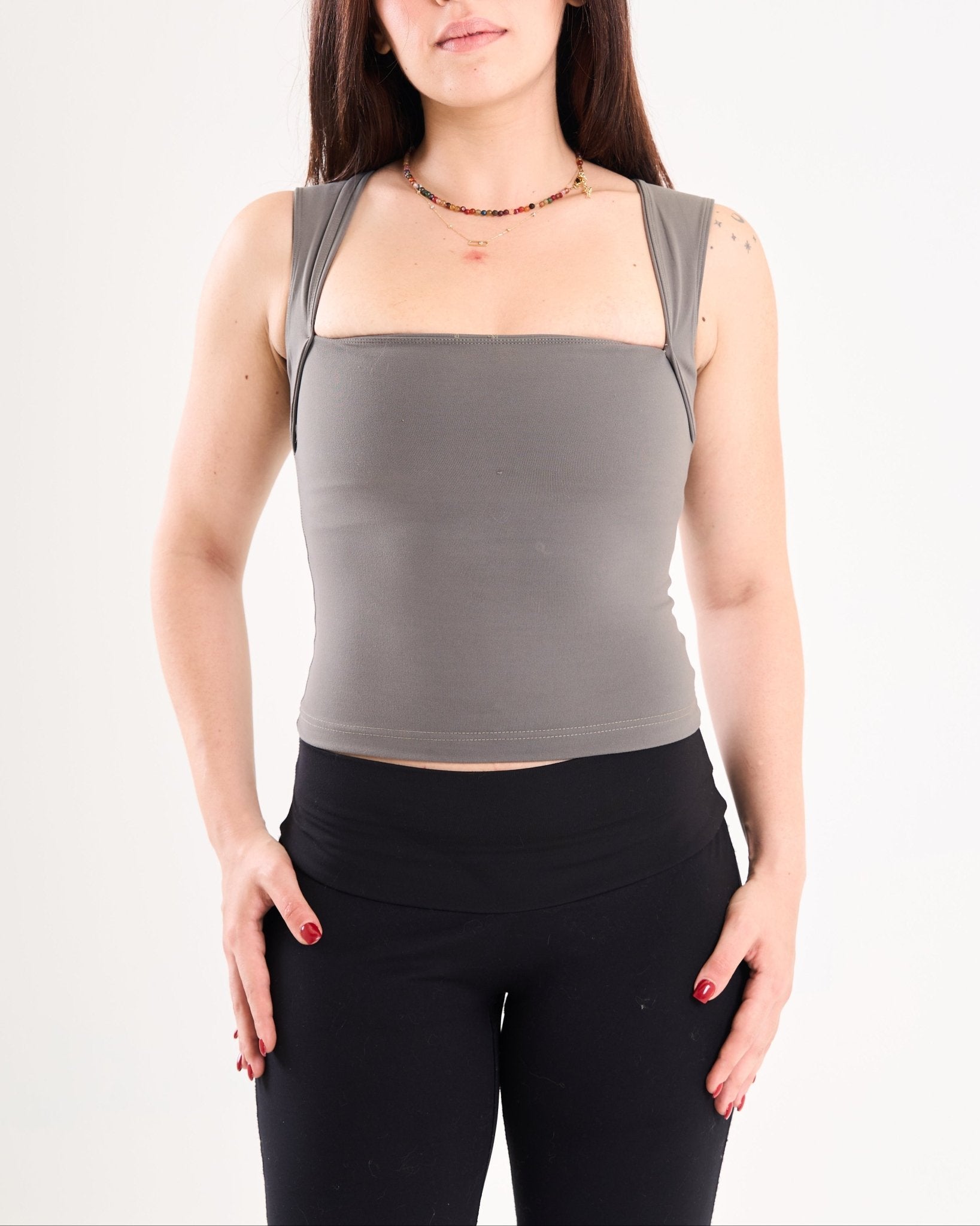 Square Neck Top In Muted Olive - Motion Muse